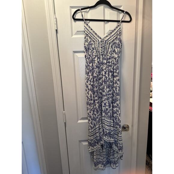 Angie Y2K Milkmaid Dress Cottage Core Blue White Floral High Low Babydoll Maxi - Picture 1 of 10
